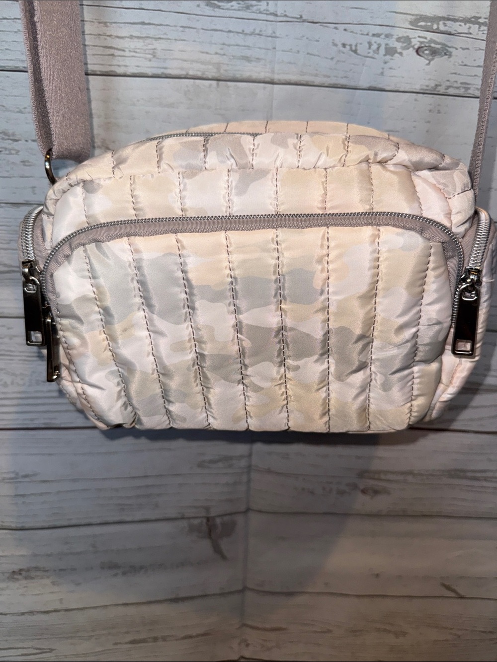 Neutral Quilted Camouflage Crossbody Camera Bag with Adjustable Strap & Pockets